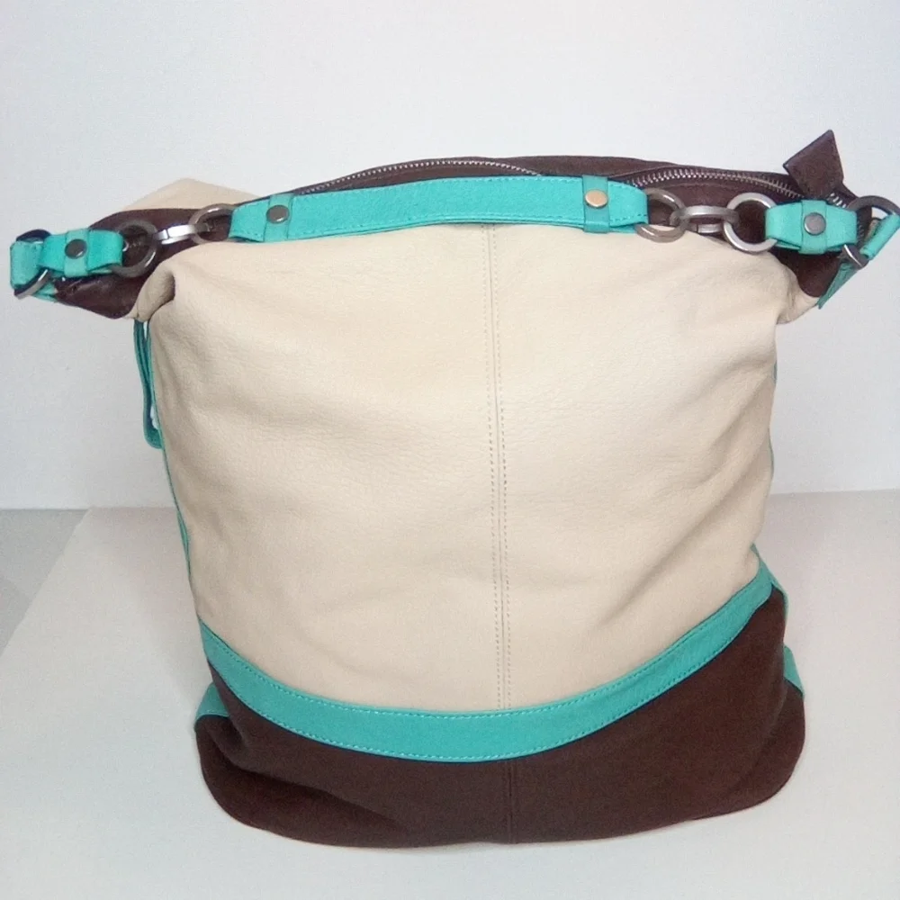 Kenneth Cole Women's Cream, Brown & Teal Hobo Handbag, Preowned, Genuine Leather